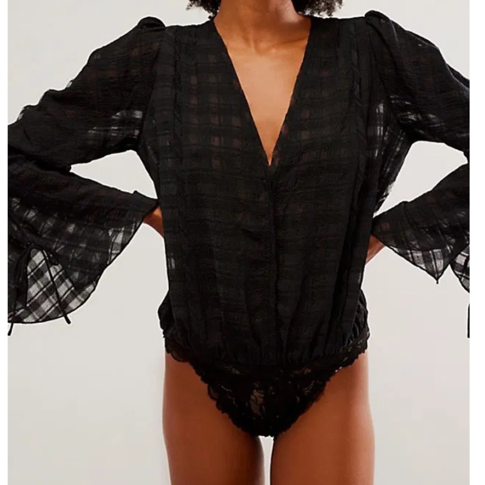 Black Sheer V-Neck Long Sleeve Bodysuit